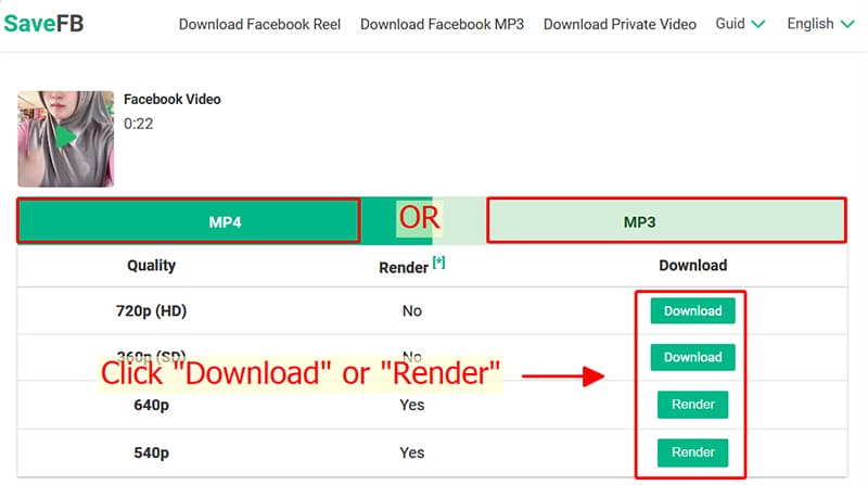 On SaveFB, press the download video button